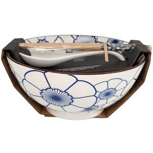 SH Home Blue‎ Lotus Ceramic Ramen Noodle Bowl 54oz With Chopsticks And Spoon 4pc
